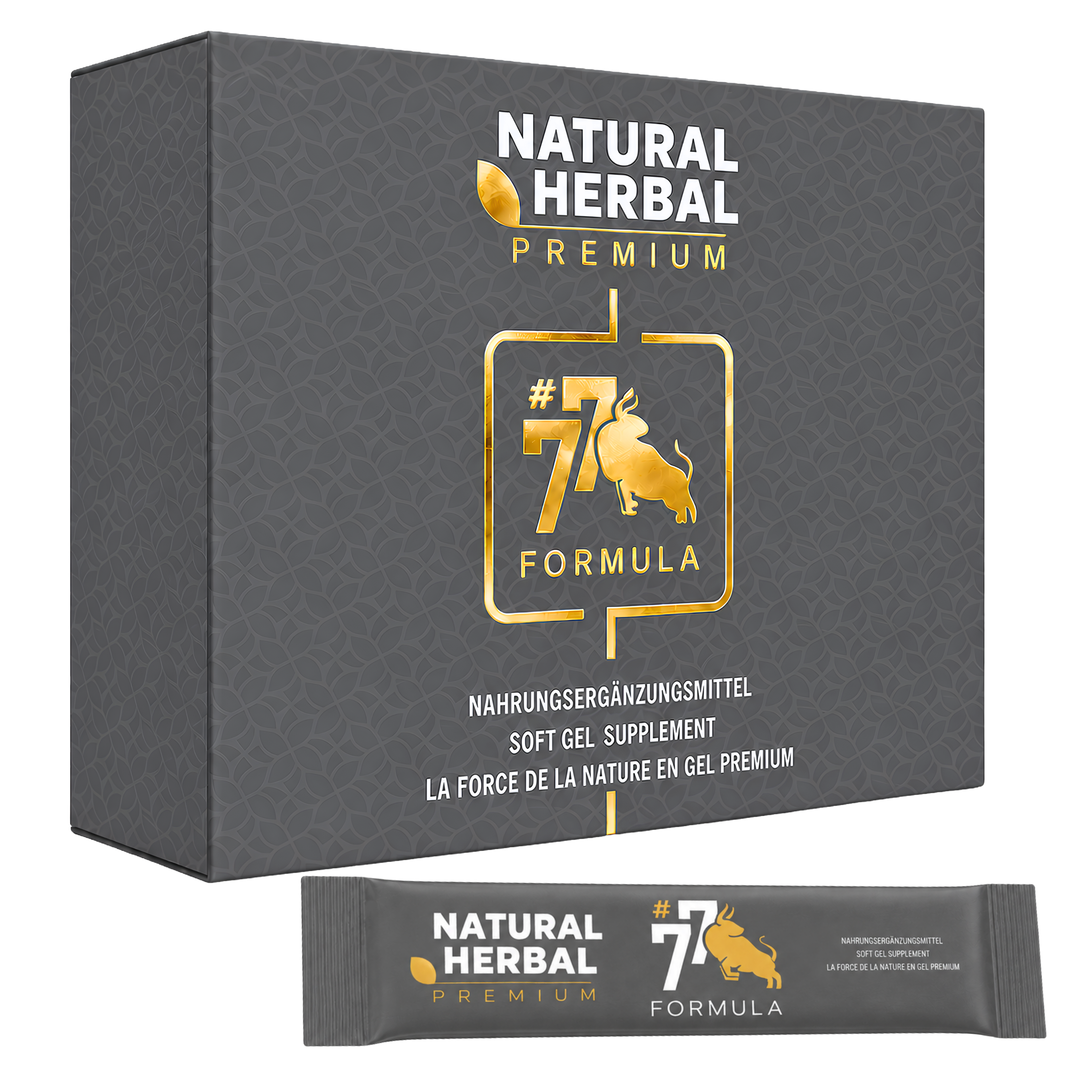 Natural Herbal 77 Formula Premium Gel Supplement Sticks mit Box und Einzelstick in Perspektivansicht