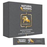 Natural Herbal 77 Formula Premium Gel Supplement Sticks mit Box und Einzelstick in Perspektivansicht