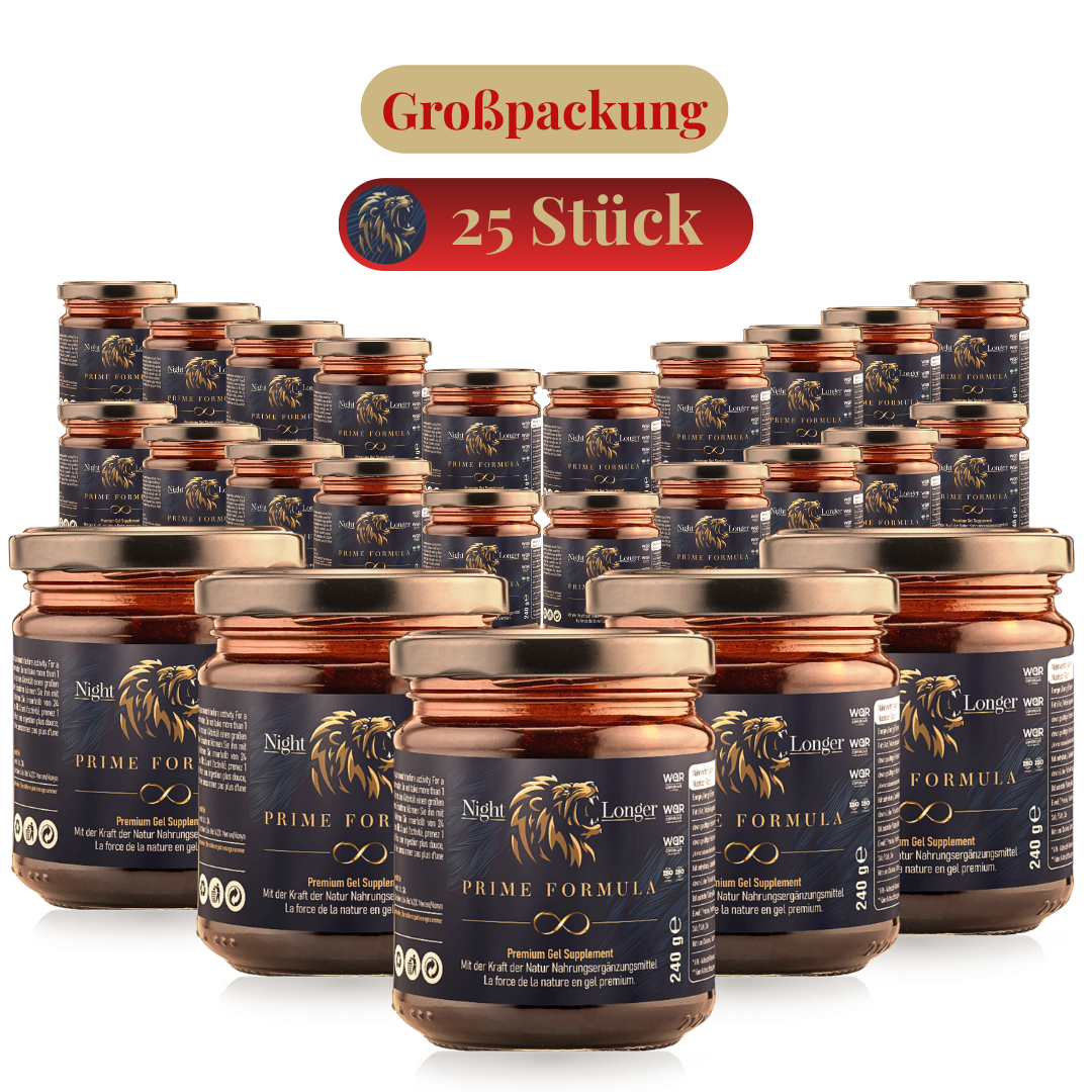25 Pack Night Longer 240g, Prime Formula Gel, Sofortwirkung, Extra Stark für aktive Männer, Ginseng & Tribulus Terrestris