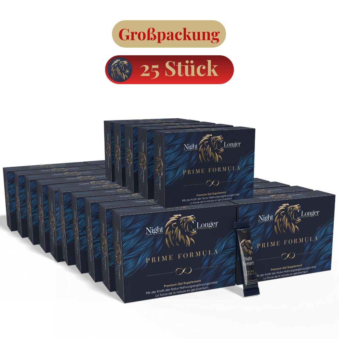 25 Pack x Night Longer 12x12g Stick, Prime Formula Gel, Sofortwirkung, Extra Stark für aktive Männer, Ginseng & Tribulus Terrestris