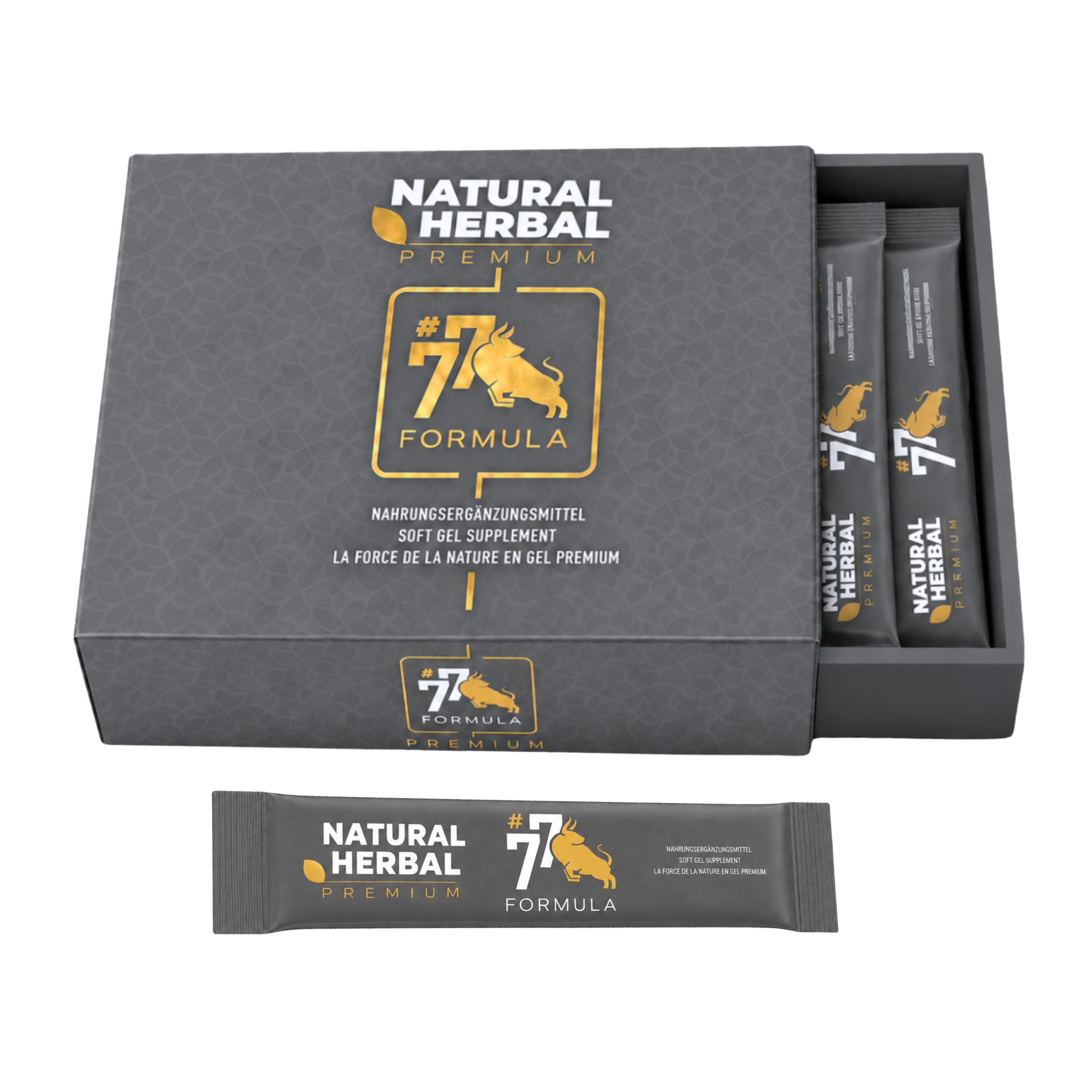 Natural Herbal 77 Formula Premium Gel Supplement Sticks mit geöffneter Box und Einzelsticks