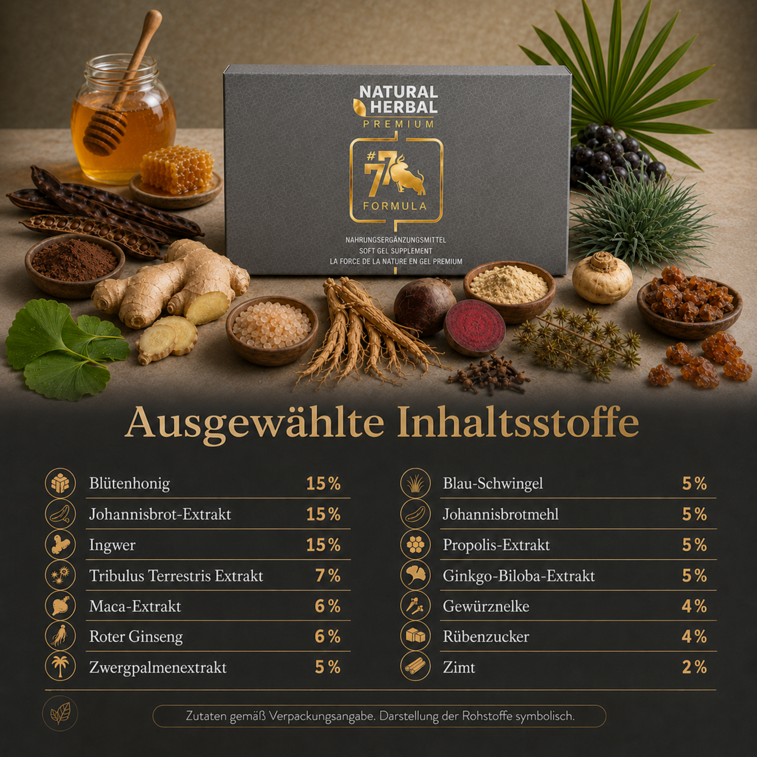 Natürliche Inhaltsstoffe von Natural Herbal 77 Formula Premium Gel Supplement Sticks im Überblick