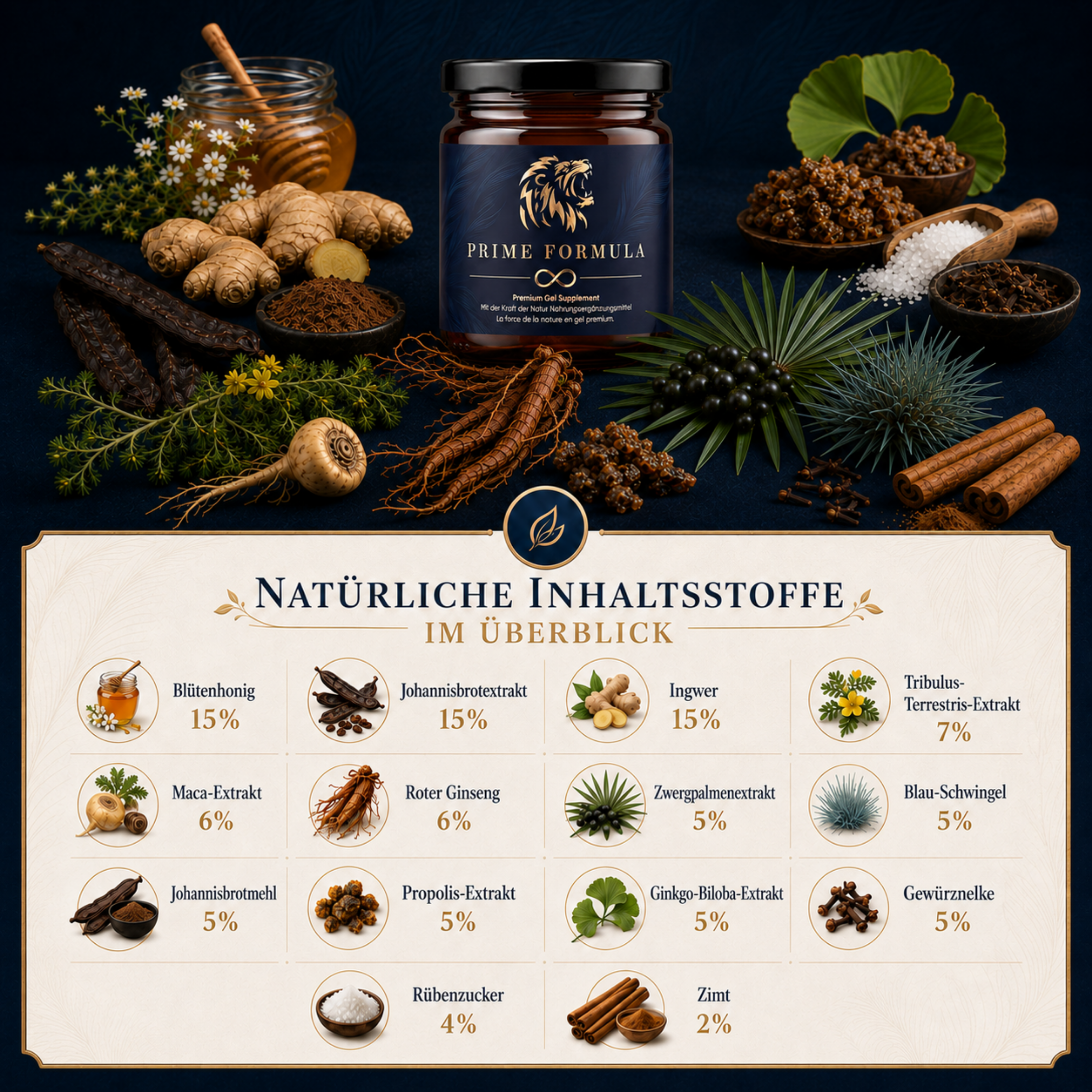Natürliche Inhaltsstoffe von Prime Formula Premium Gel Supplement im Überblick