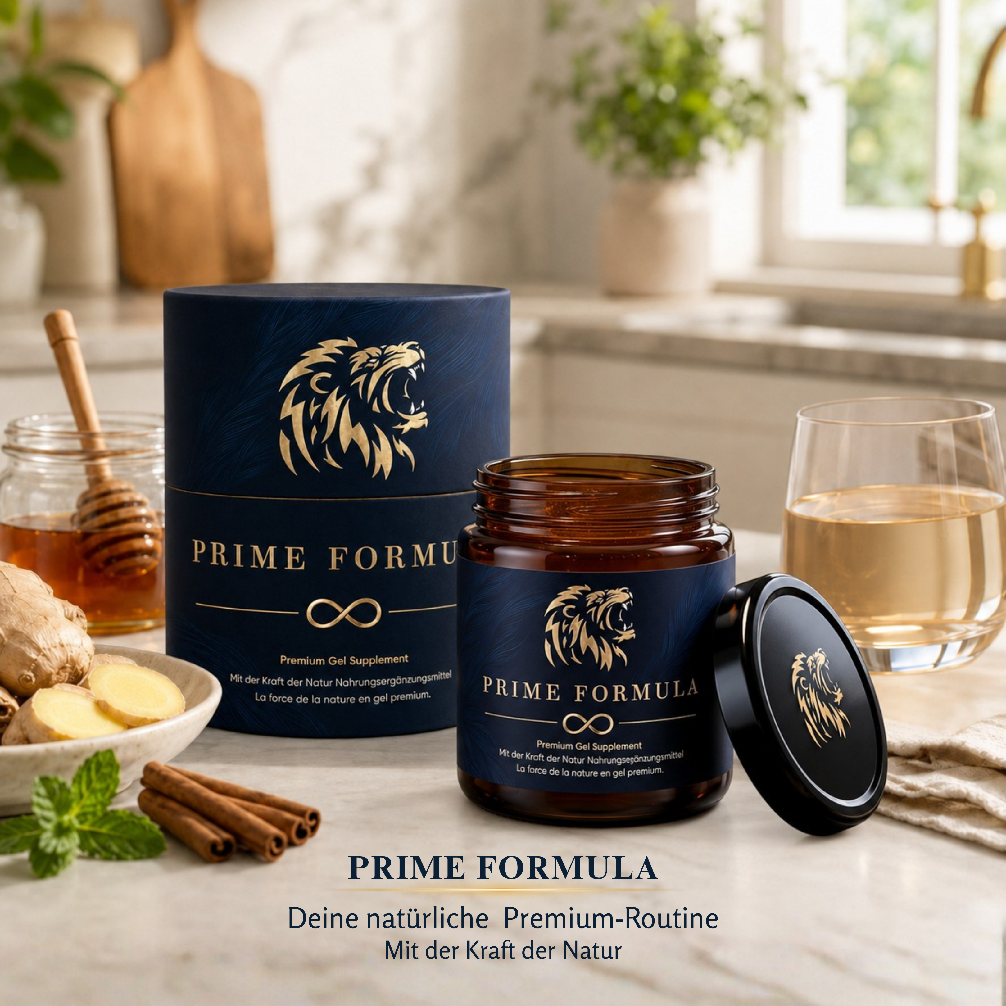 Prime Formula Premium Gel Supplement in einer hellen Küchenumgebung