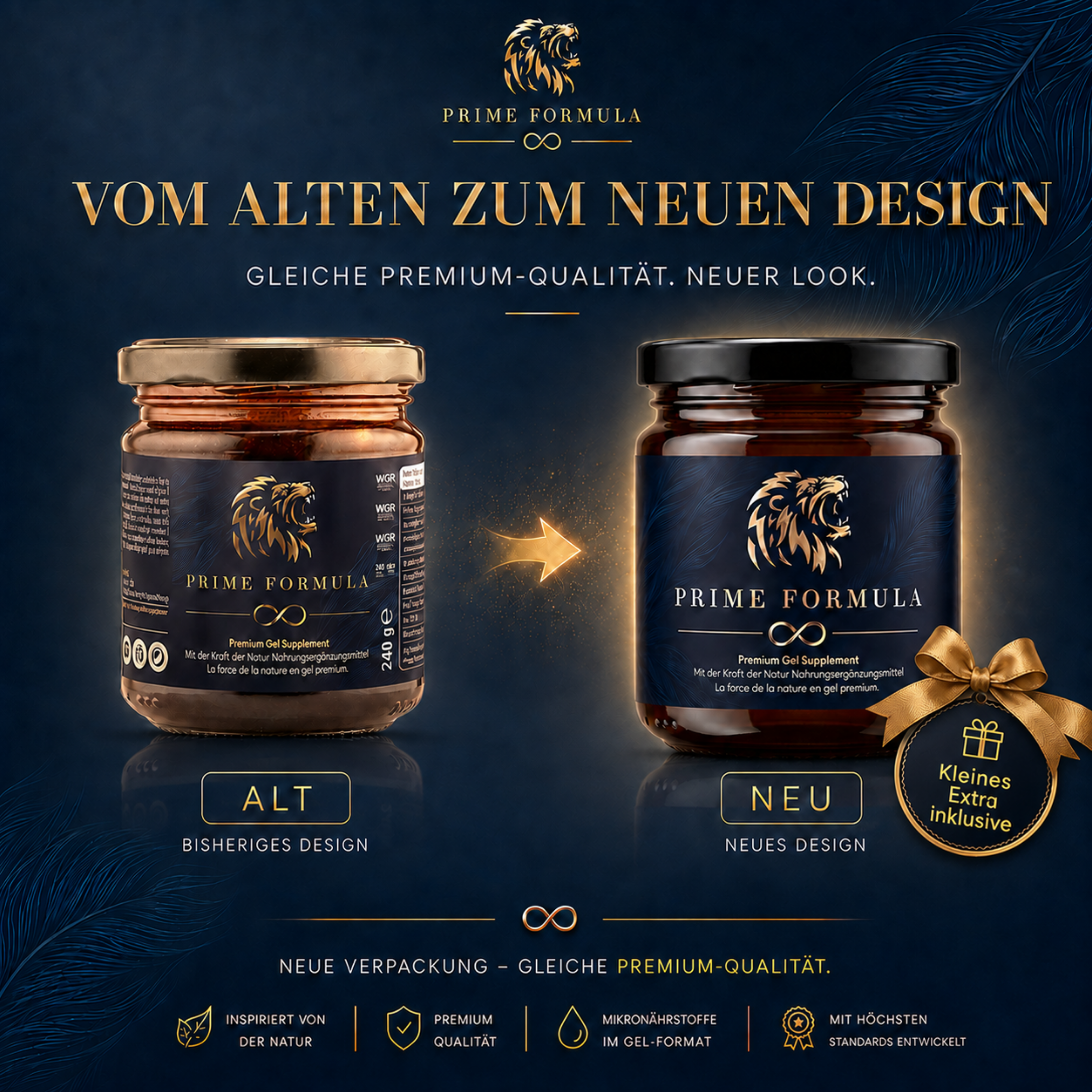 Prime Formula neues Verpackungsdesign im Vergleich zum bisherigen Design