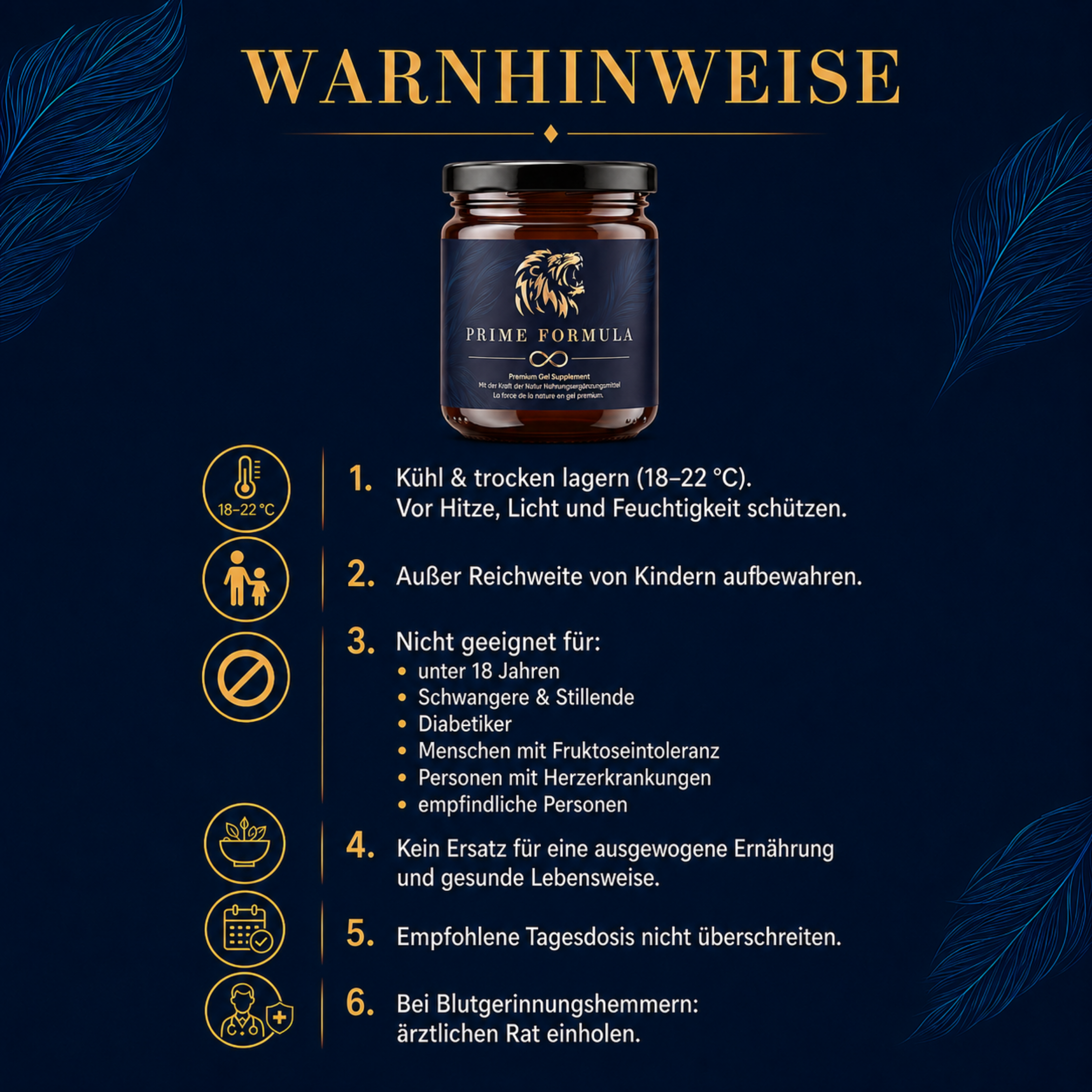 Warnhinweise und Aufbewahrungshinweise für Prime Formula Premium Gel Supplement